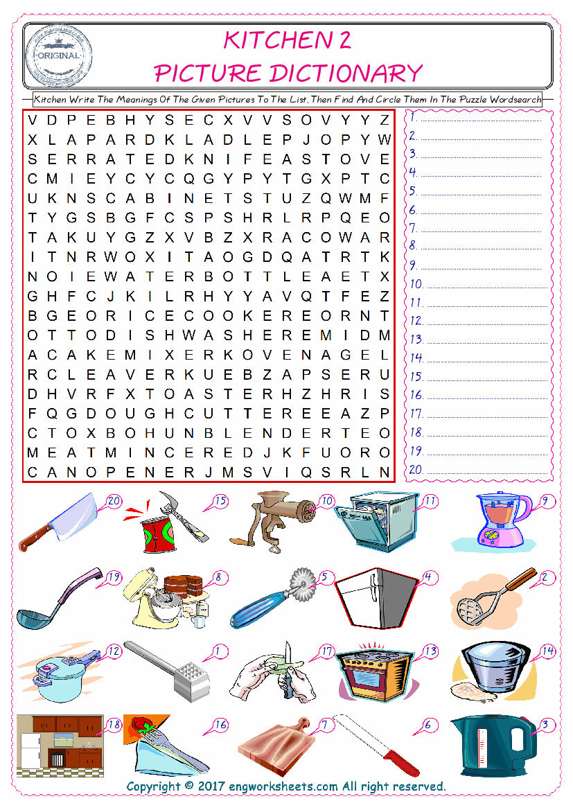  For kids, check the picture of Kitchen find, and write the word and find it in the word puzzle ESL printable worksheet. 